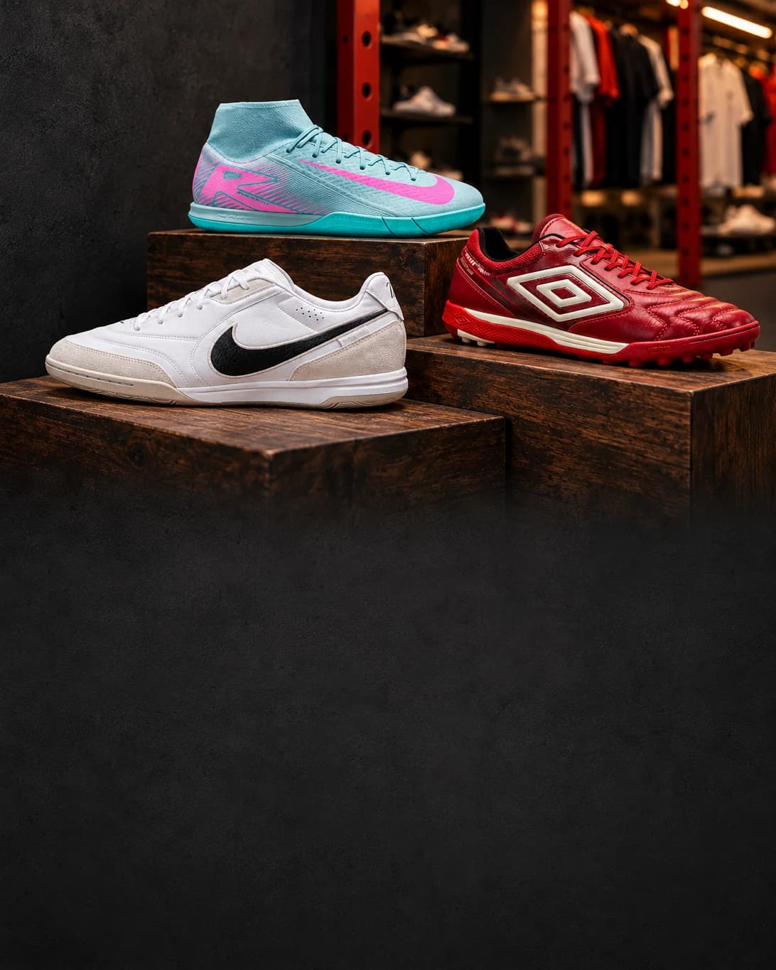 Três chuteiras em caixotes de madeira dentro da loja: a Nike Mercurial azul-claro e rosa, a Nike Tiempo branca e a Umbro vermelha