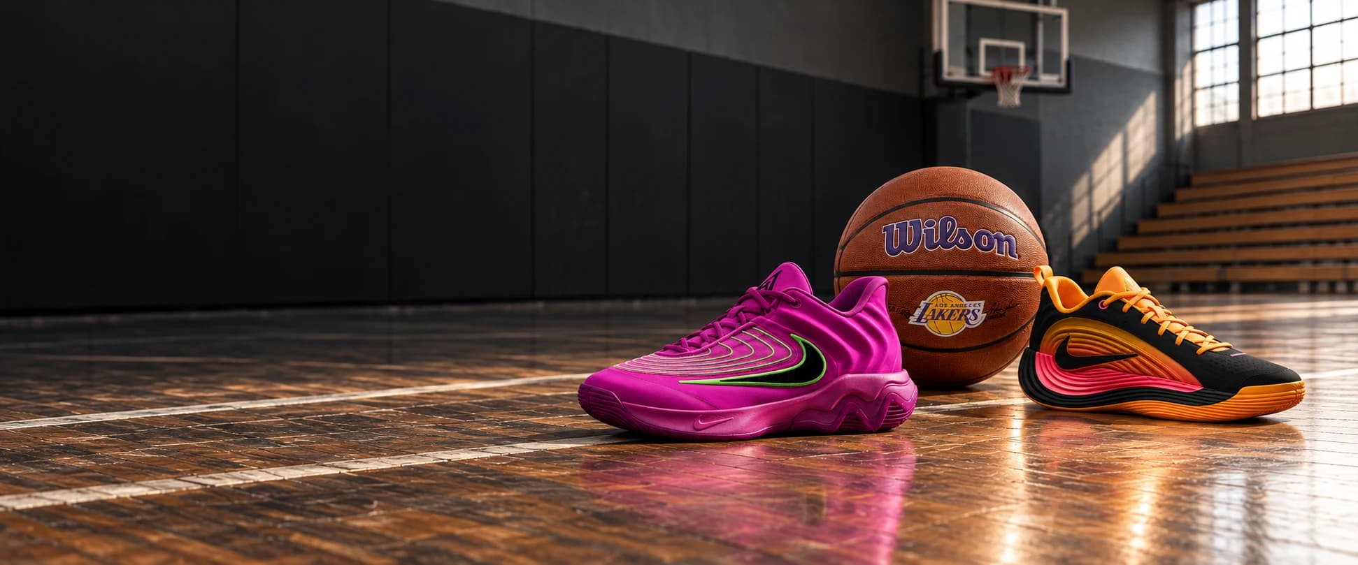 Dois tênis de basquete da Nike, um magenta e um laranja com preto, e a bola Wilson dos Lakers no piso de madeira de uma quadra