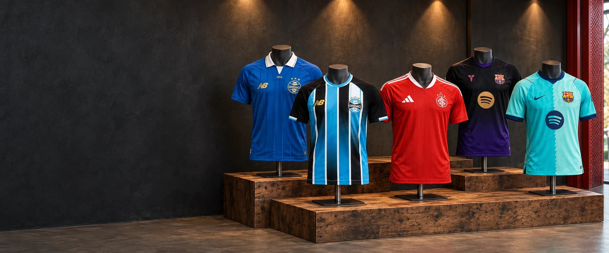 Cinco camisas de time em manequins sobre caixotes de madeira: duas do Grêmio, a do Inter e duas do Barcelona